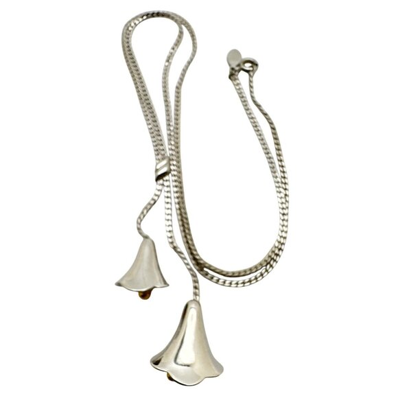 Vintage 70s Two Tone Lily Lariat Y Drop Necklace VTG Retro Class Cottagecore - Picture 6 of 7